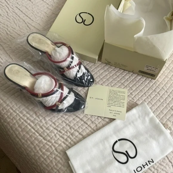 St. John leather mules strappy calypso navy red gold monogram - Picture 7 of 16
